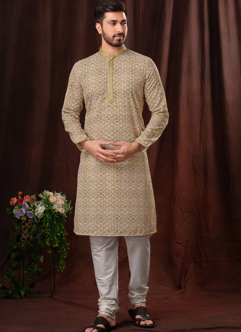 Beige Chikankari Printed Mens Kurta Pyjama Set