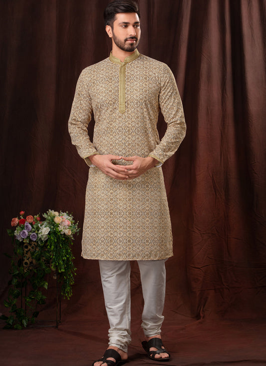 Beige Chikankari Printed Mens Kurta Pyjama Set