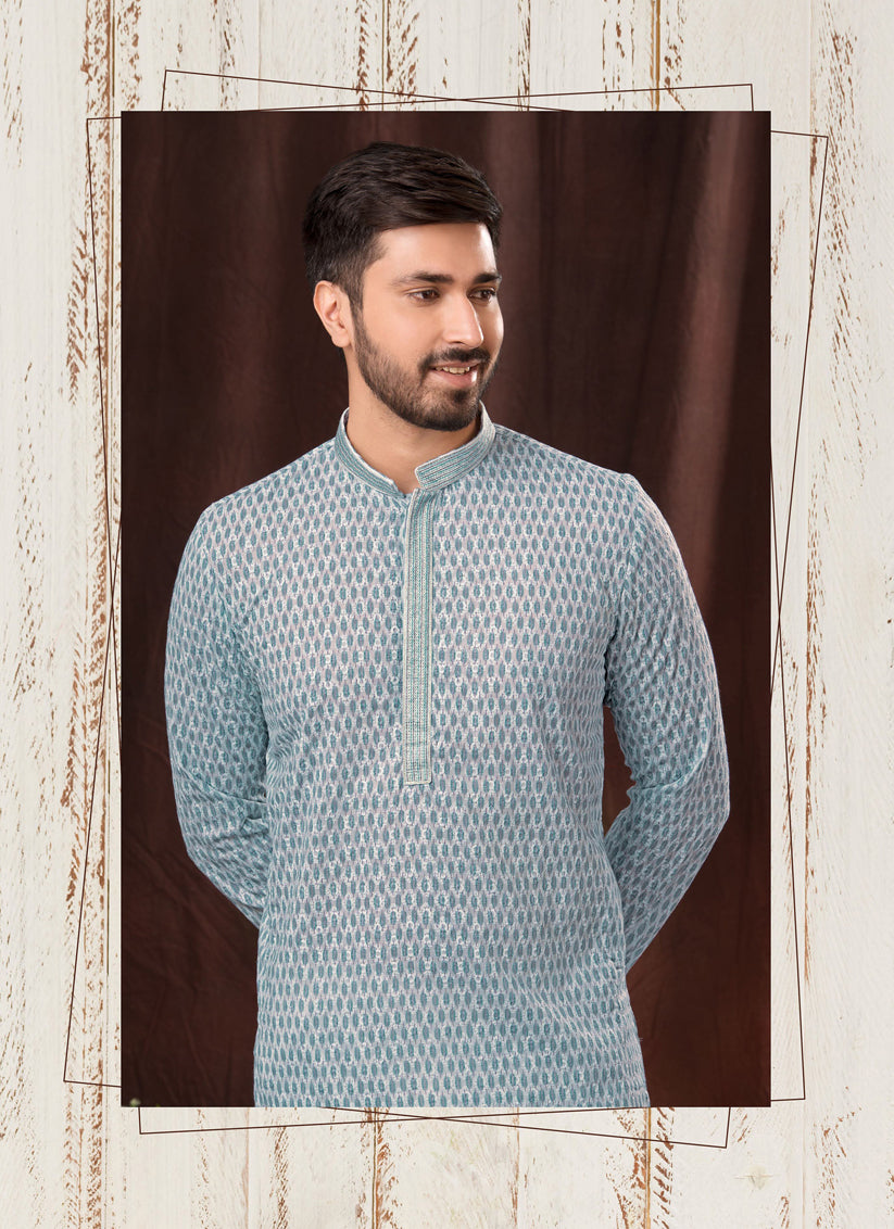 Sky Blue Chikankari Printed Mens Kurta Pyjama Set