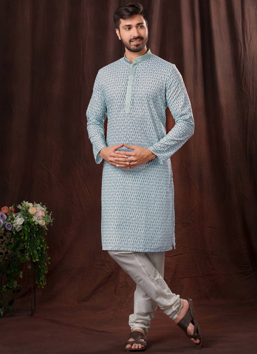 Sky Blue Chikankari Printed Mens Kurta Pyjama Set