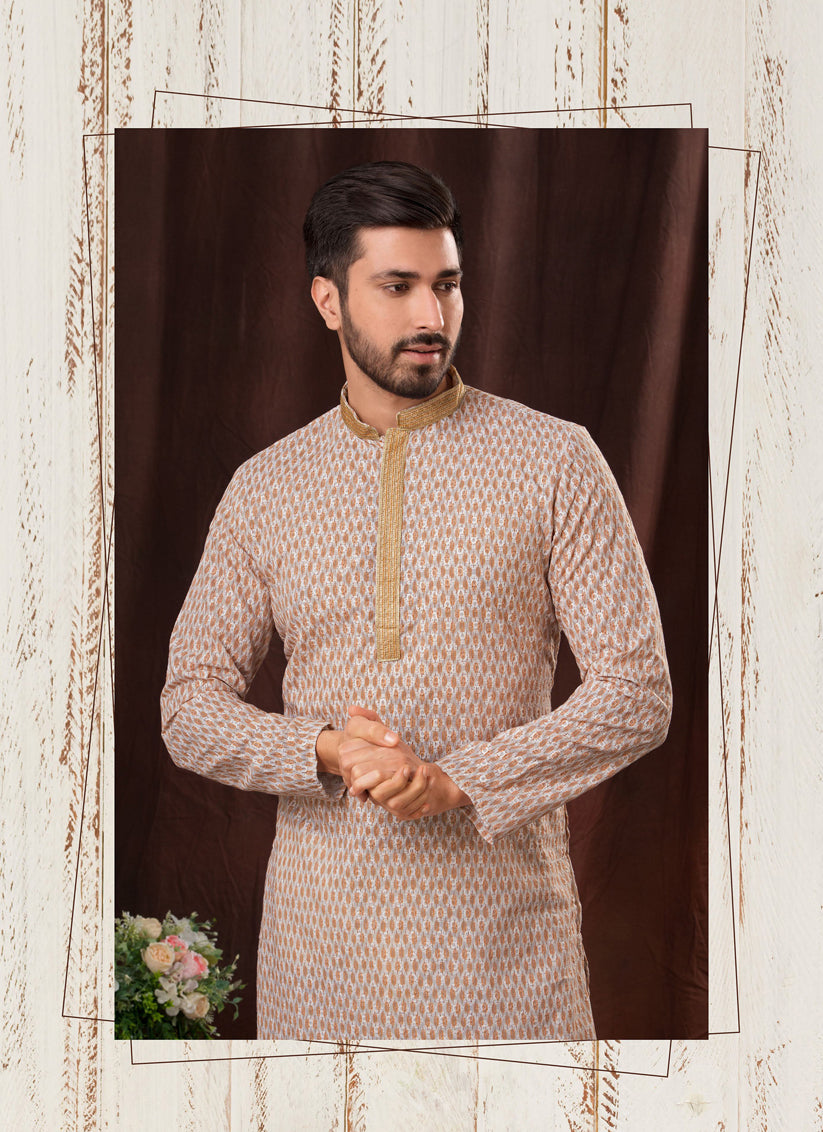 Light Orange Chikankari Printed Mens Kurta Pyjama Set