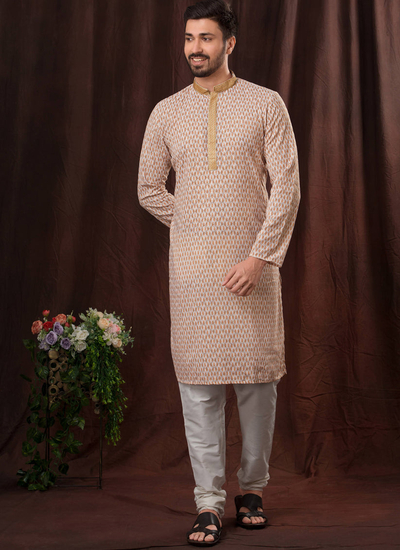 Light Orange Chikankari Printed Mens Kurta Pyjama Set