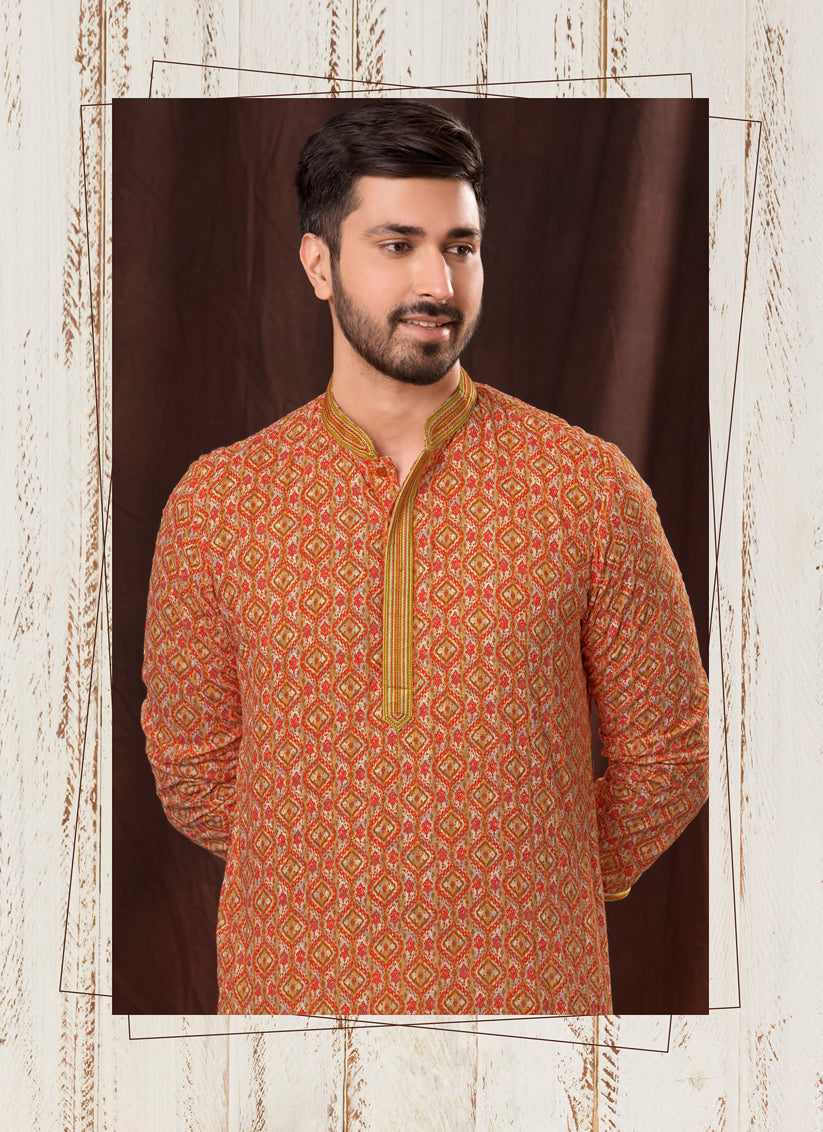 Orange Chikankari Printed Mens Kurta Pyjama Set