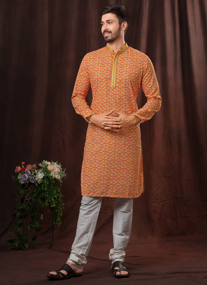 Orange Chikankari Printed Mens Kurta Pyjama Set