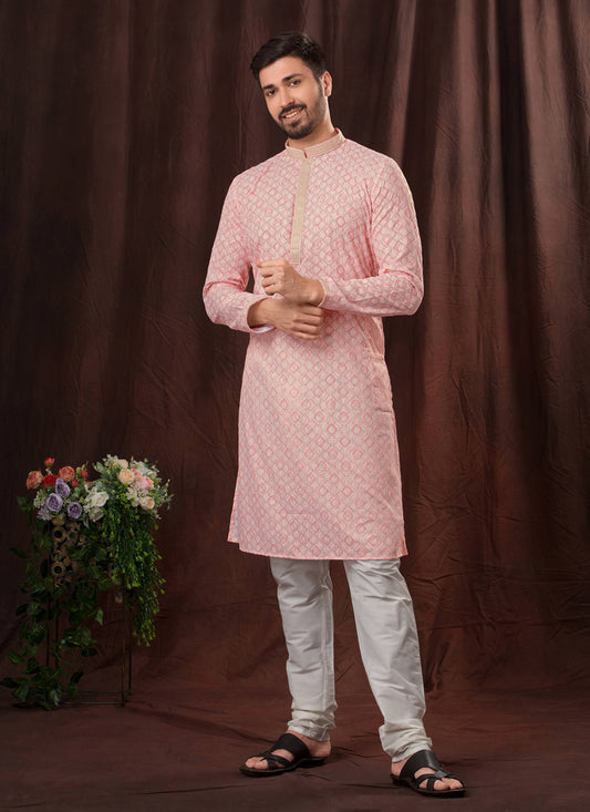 Pink Chikankari Printed Mens Kurta Pyjama Set