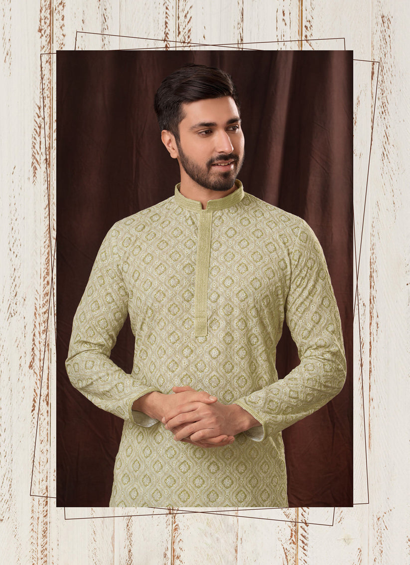 Pista Green Chikankari Printed Mens Kurta Pyjama Set