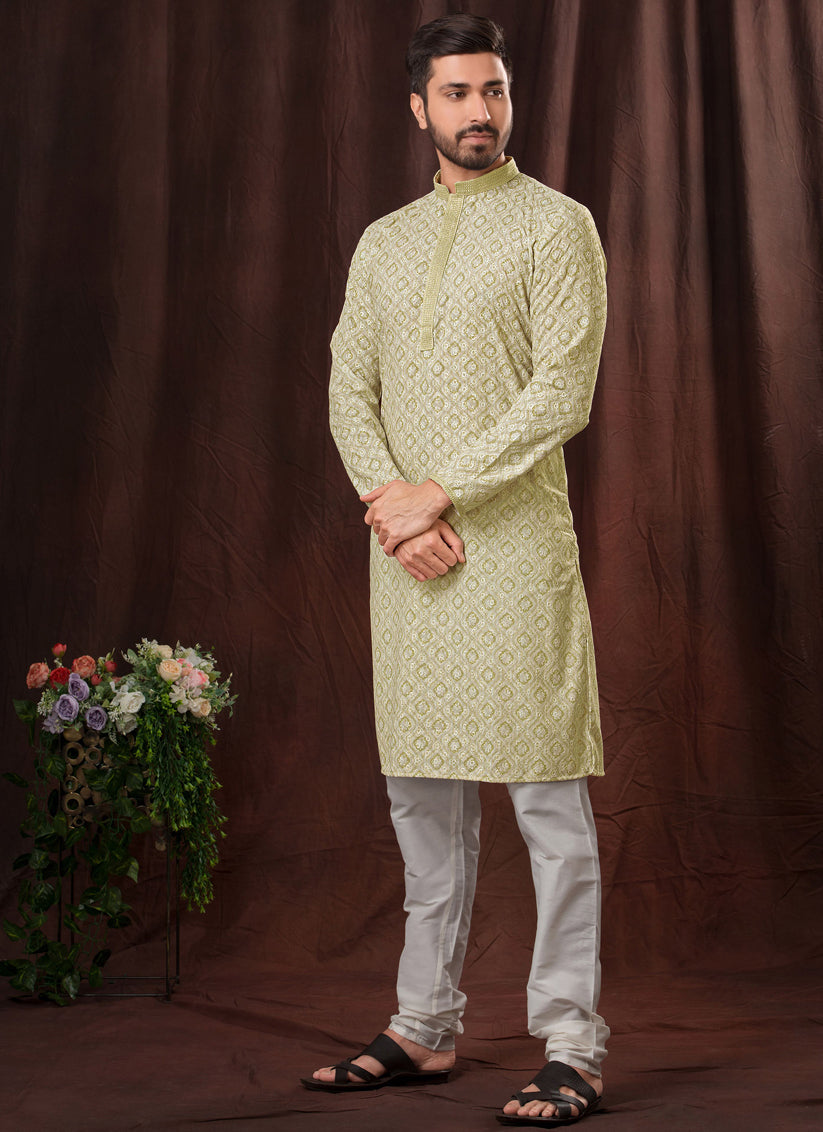 Pista Green Chikankari Printed Mens Kurta Pyjama Set