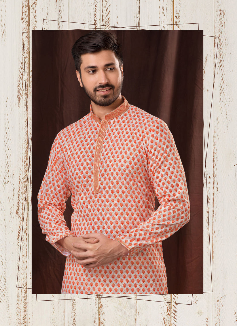 Orange Chikankari Printed Mens Kurta Pyjama Set