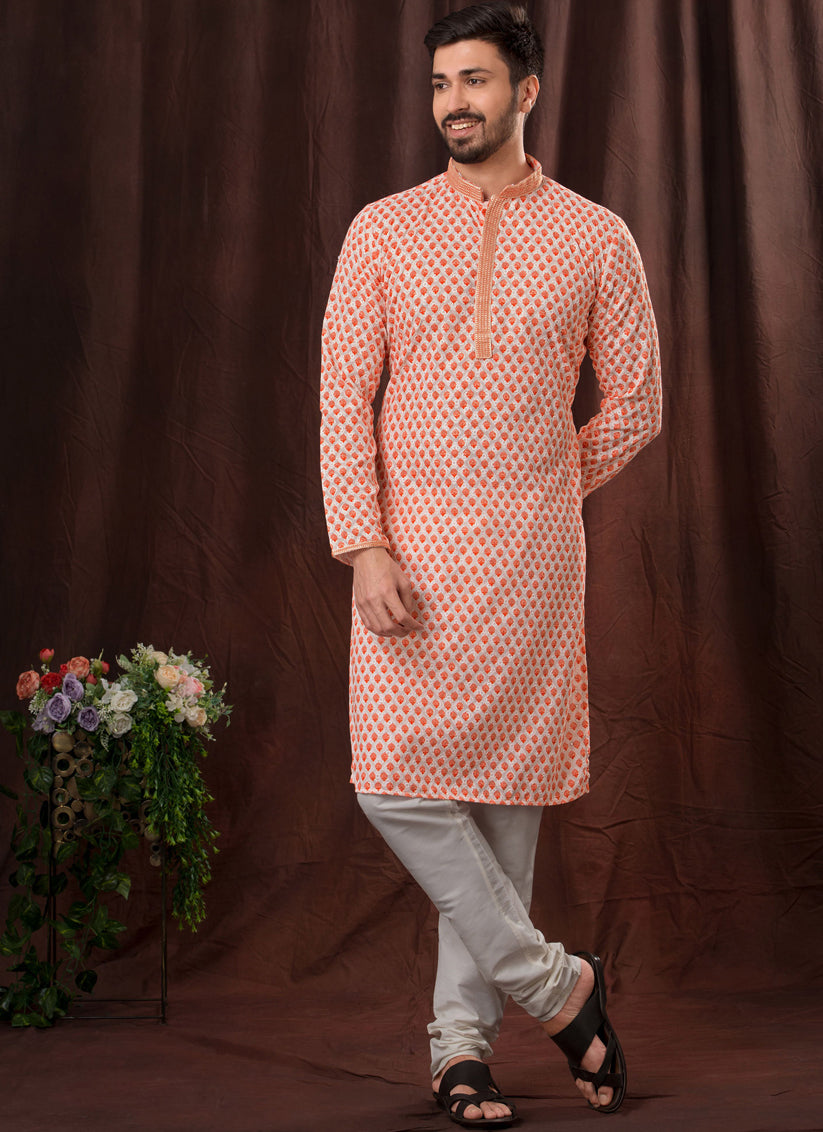 Orange Chikankari Printed Mens Kurta Pyjama Set