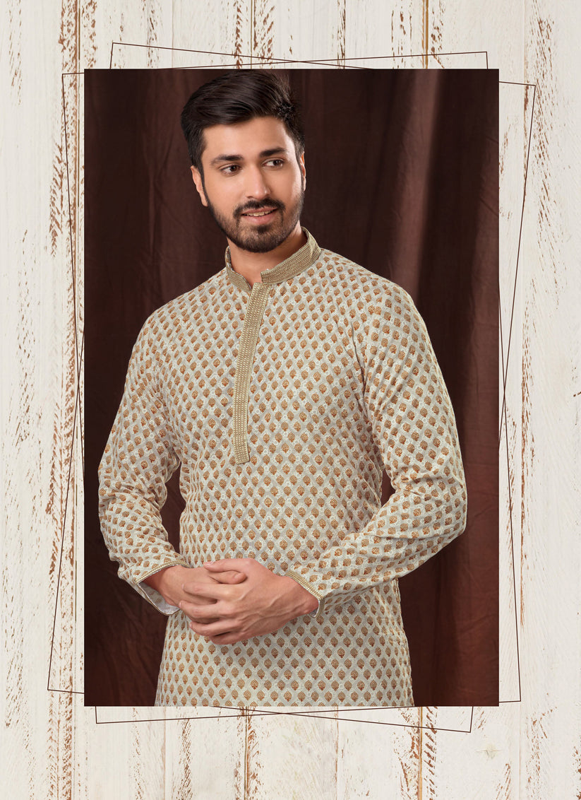 Light Brown Chikankari Printed Mens Kurta Pyjama Set