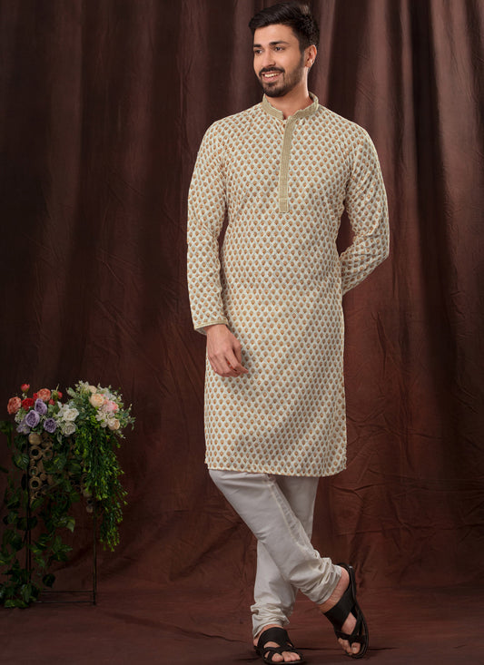 Light Brown Chikankari Printed Mens Kurta Pyjama Set