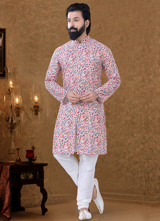 White Cotton Printed Mens Kurta Pyjama Set