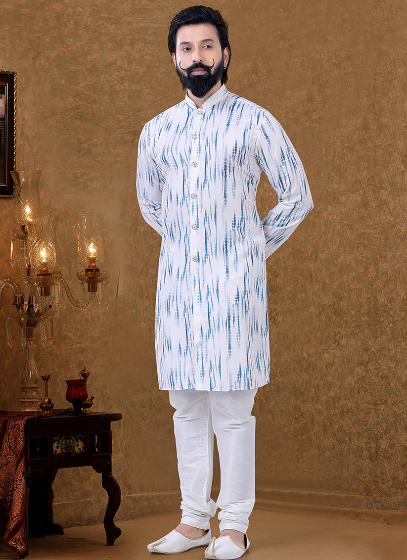 White Cotton Printed Mens Kurta Pyjama Set