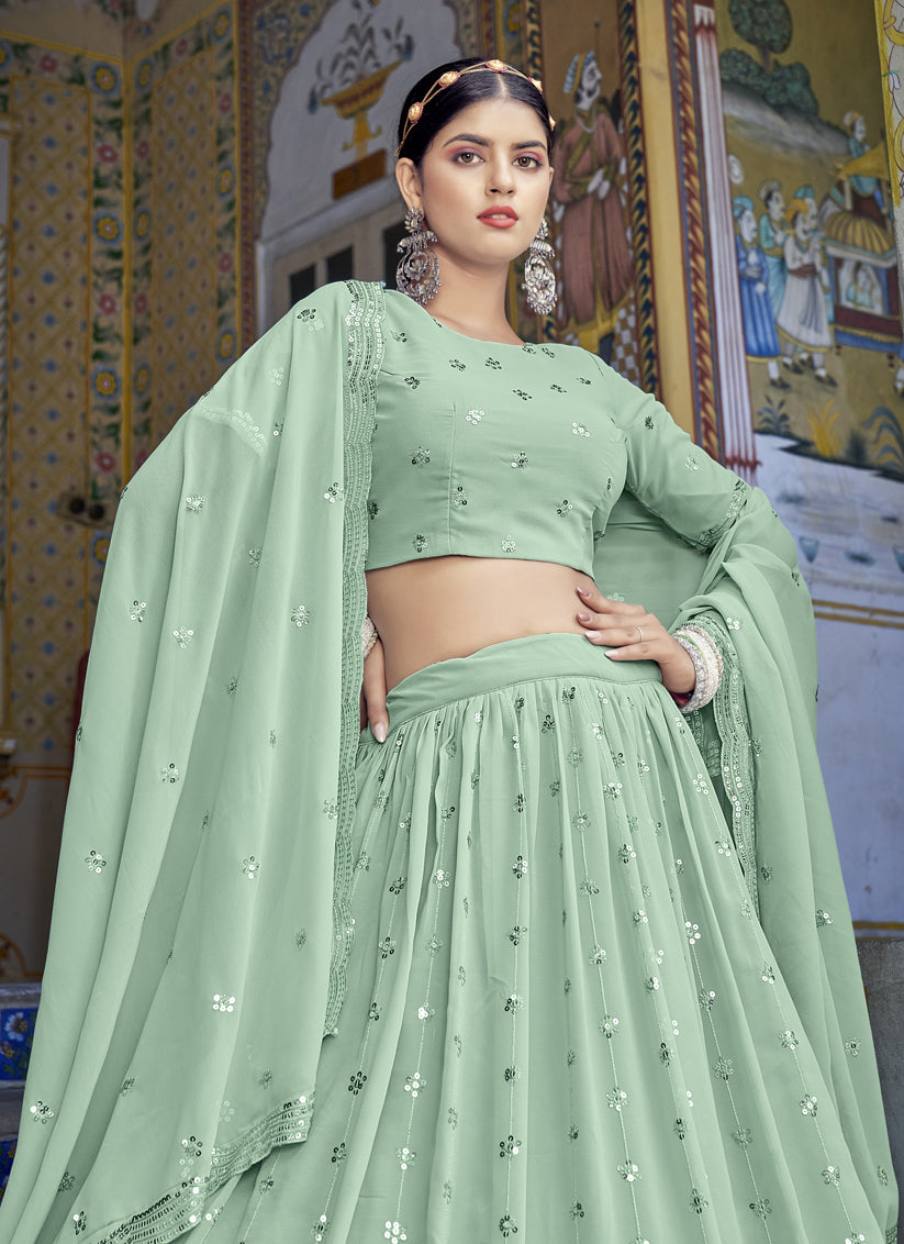 Pista Green Georgette Sequins Designer Lehenga Choli