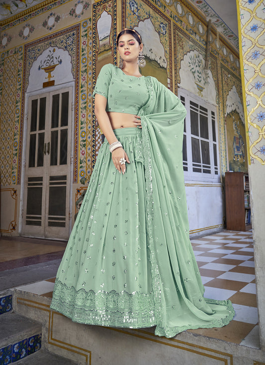 Pista Green Georgette Sequins Designer Lehenga Choli