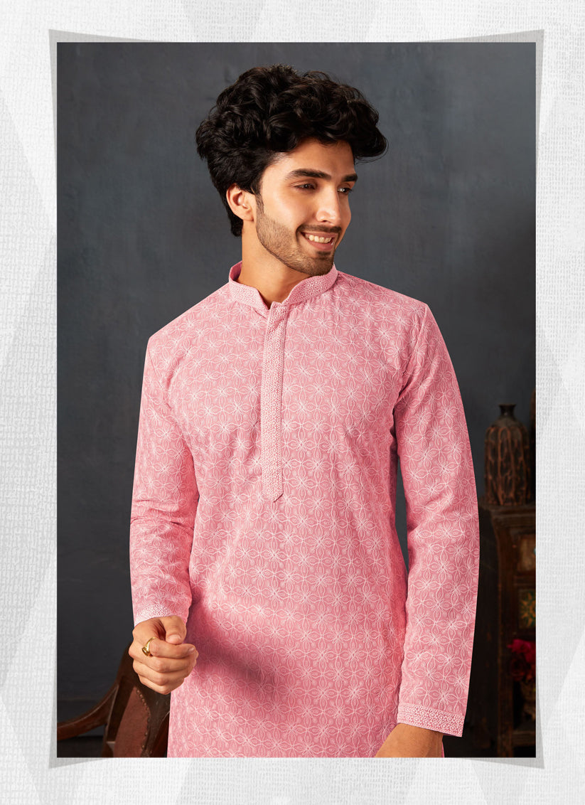 Pink Georgette Chikankari Mens Kurta Pyjama Set