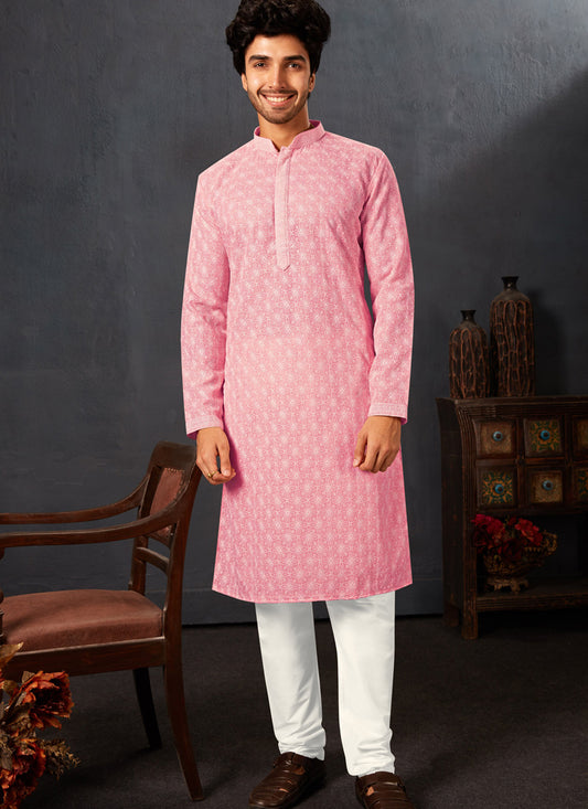 Pink Georgette Chikankari Mens Kurta Pyjama Set