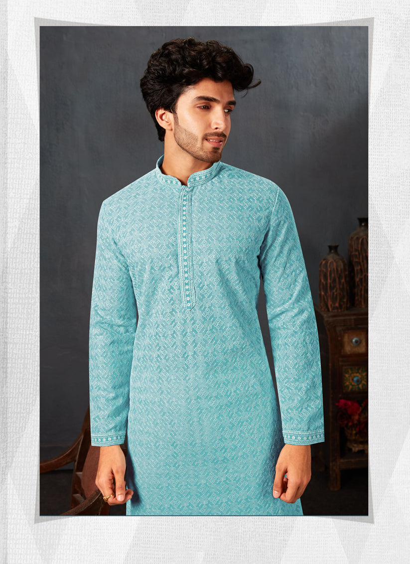 Sky Blue Georgette Chikankari Mens Kurta Pyjama Set