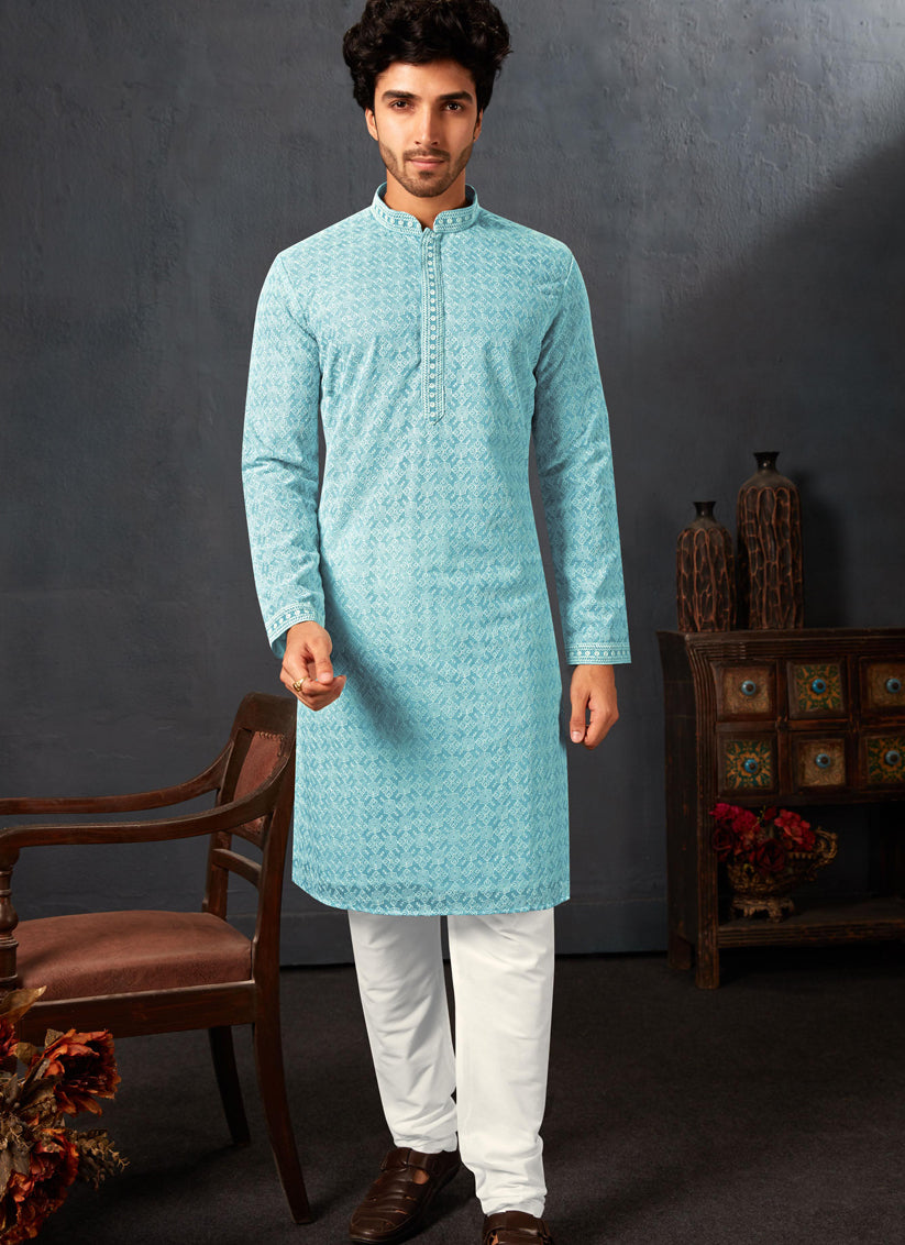 Sky Blue Georgette Chikankari Mens Kurta Pyjama Set