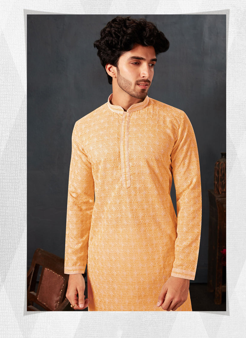 Golden Apricot Georgette Chikankari Mens Kurta Pyjama Set