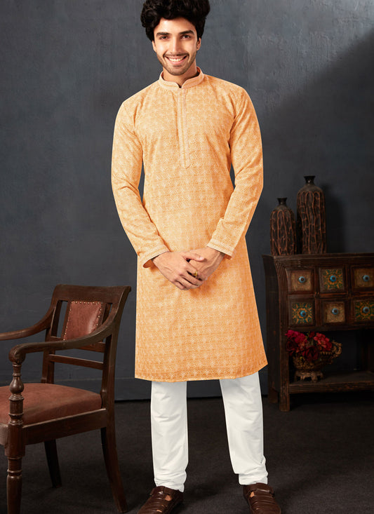 Golden Apricot Georgette Chikankari Mens Kurta Pyjama Set