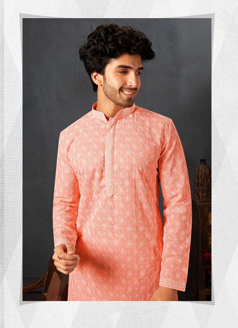 Peach Georgette Chikankari Mens Kurta Pyjama Set