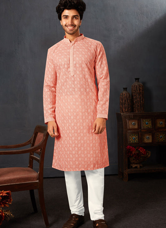 Peach Georgette Chikankari Mens Kurta Pyjama Set