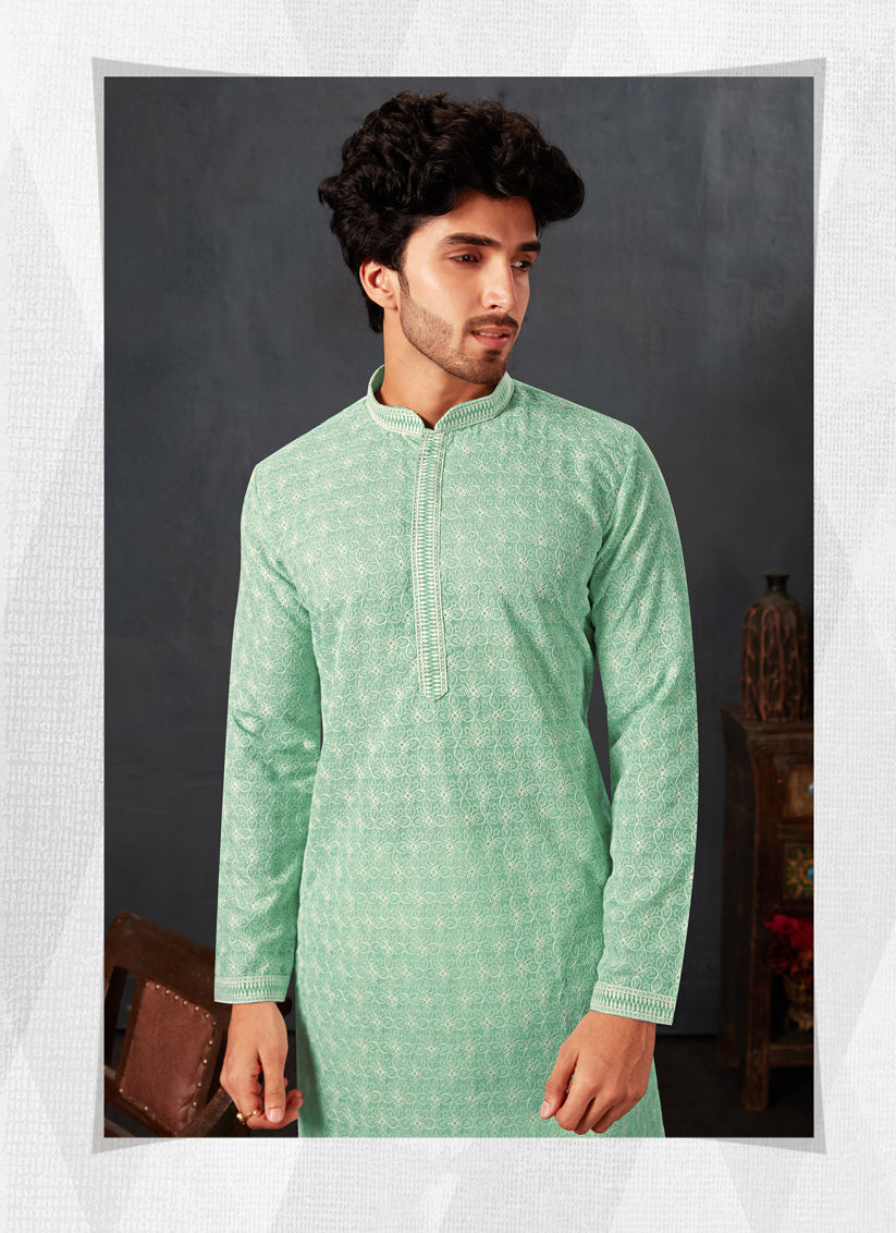 Mint Green Georgette Chikankari Mens Kurta Pyjama Set