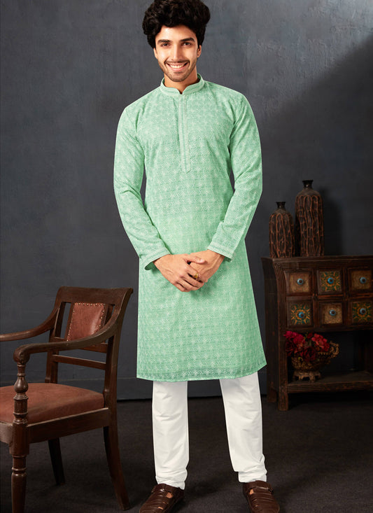 Mint Green Georgette Chikankari Mens Kurta Pyjama Set