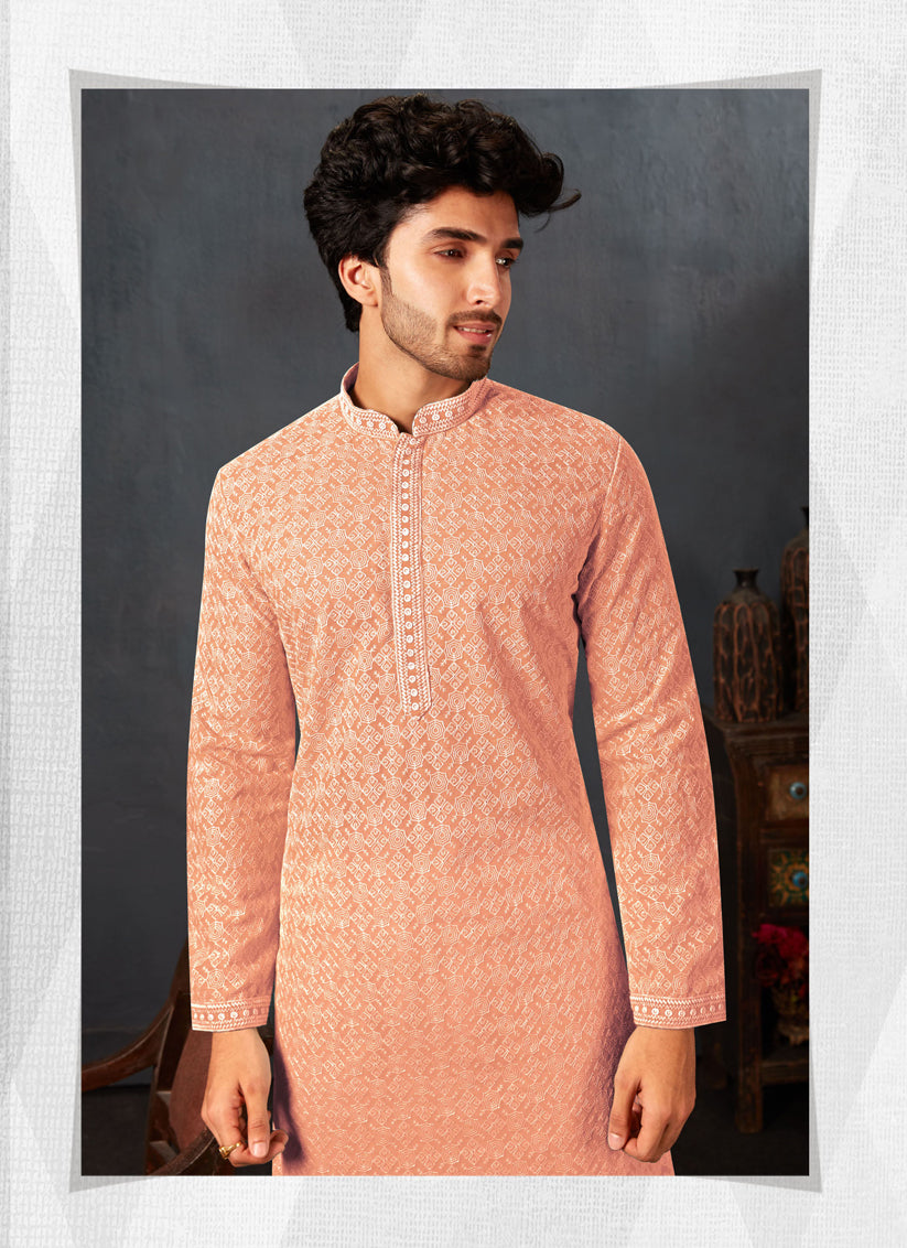 Peach Georgette Chikankari Mens Kurta Pyjama Set