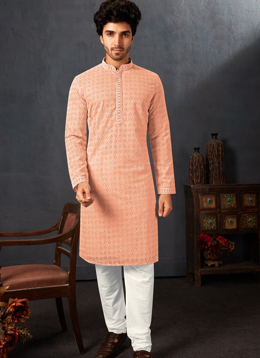 Peach Georgette Chikankari Mens Kurta Pyjama Set