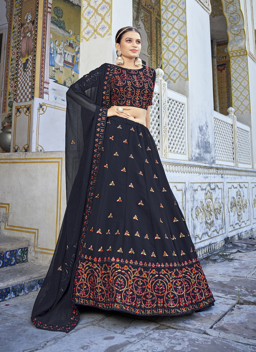 Midnight Blue Georgette Sequins Designer Lehenga Choli