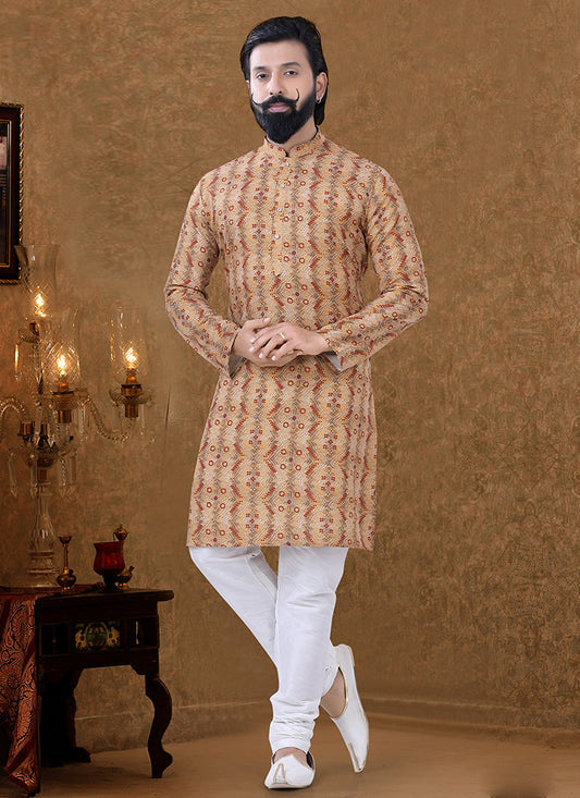 Beige Cotton Printed Mens Kurta Pyjama Set