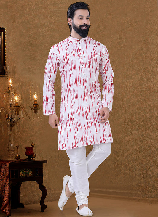 White Cotton Printed Mens Kurta Pyjama Set