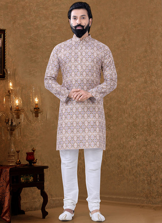 Beige Cotton Printed Mens Kurta Pyjama Set