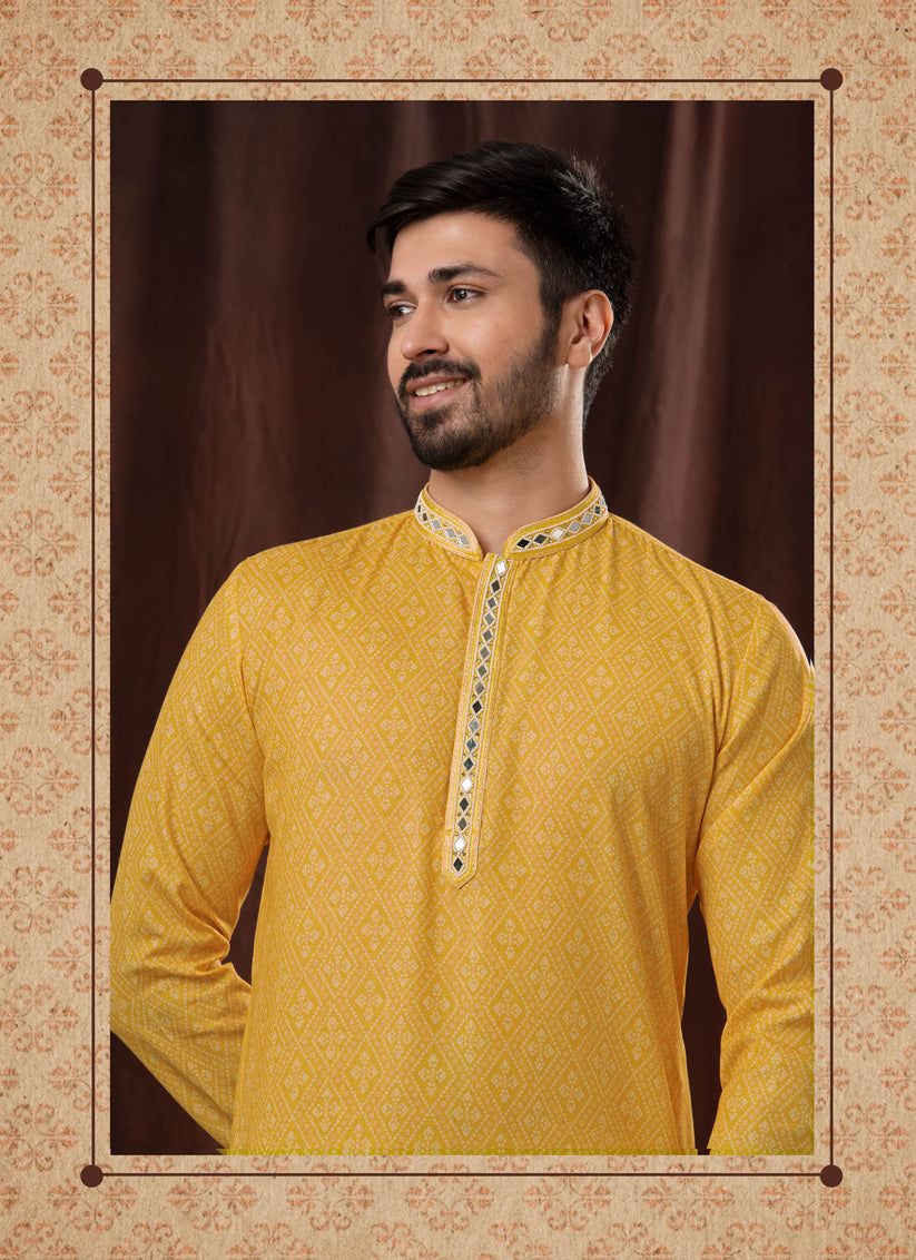 Yellow Polyester Embellished Mens Kurta Pyjama Set