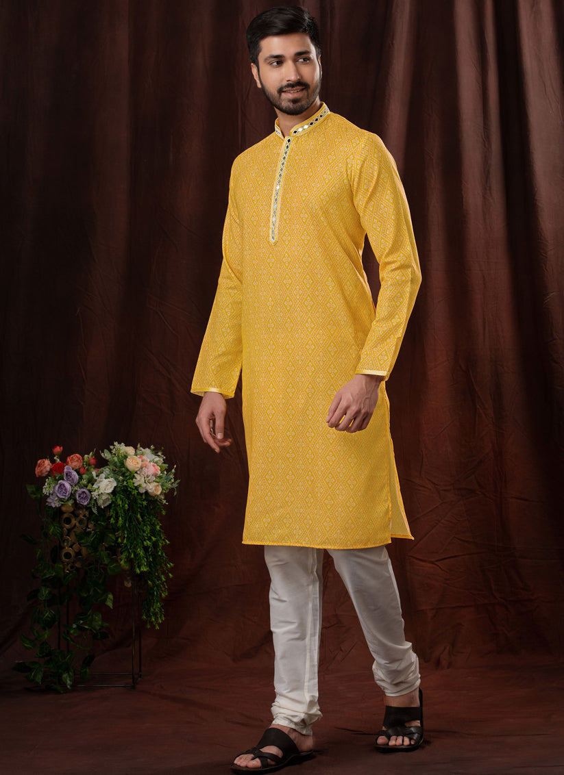 Yellow Polyester Embellished Mens Kurta Pyjama Set