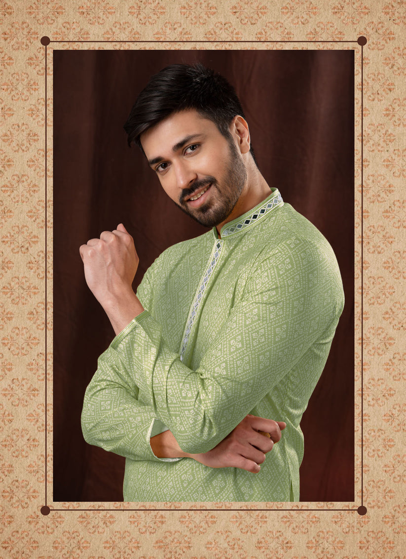 Pistachio Green Polyester Embellished Mens Kurta Pyjama Set