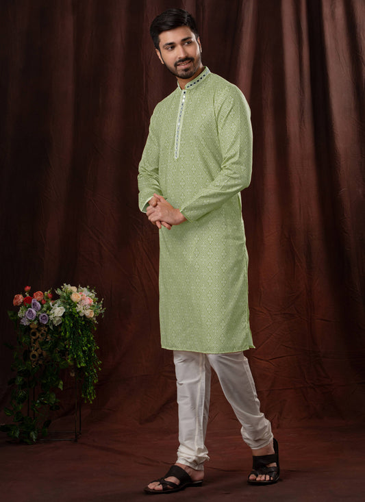 Pistachio Green Polyester Embellished Mens Kurta Pyjama Set