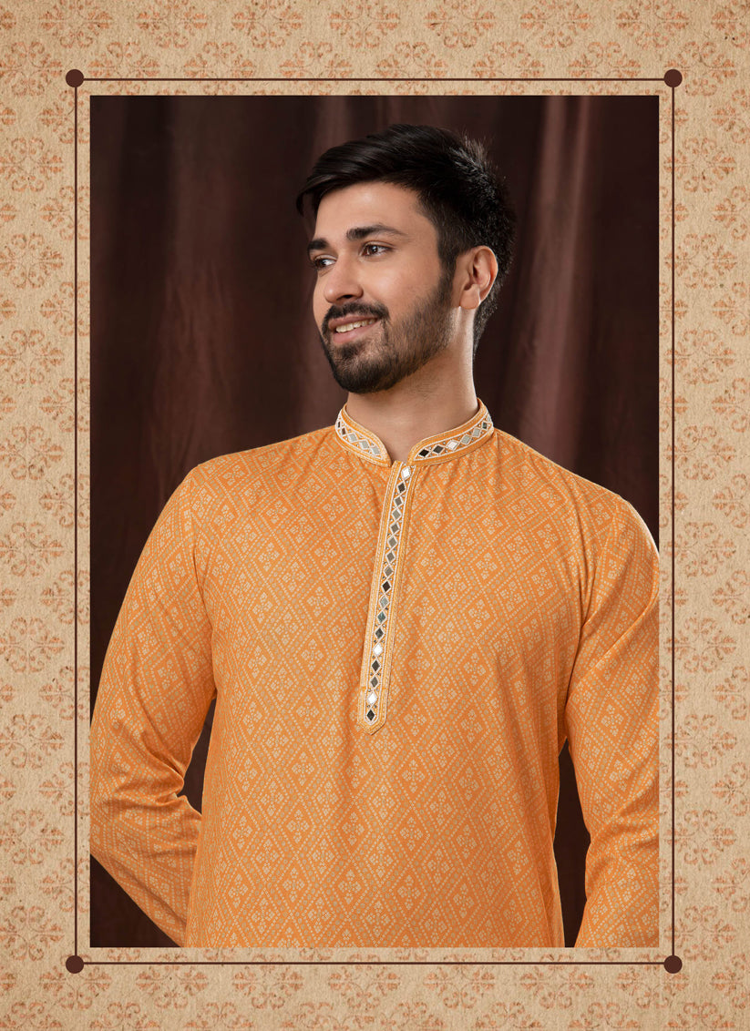 Salmon Orange Polyester Embellished Mens Kurta Pyjama Set