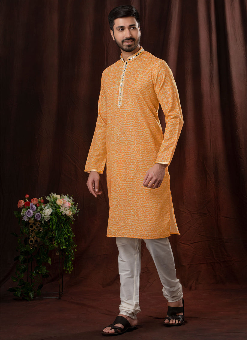 Salmon Orange Polyester Embellished Mens Kurta Pyjama Set