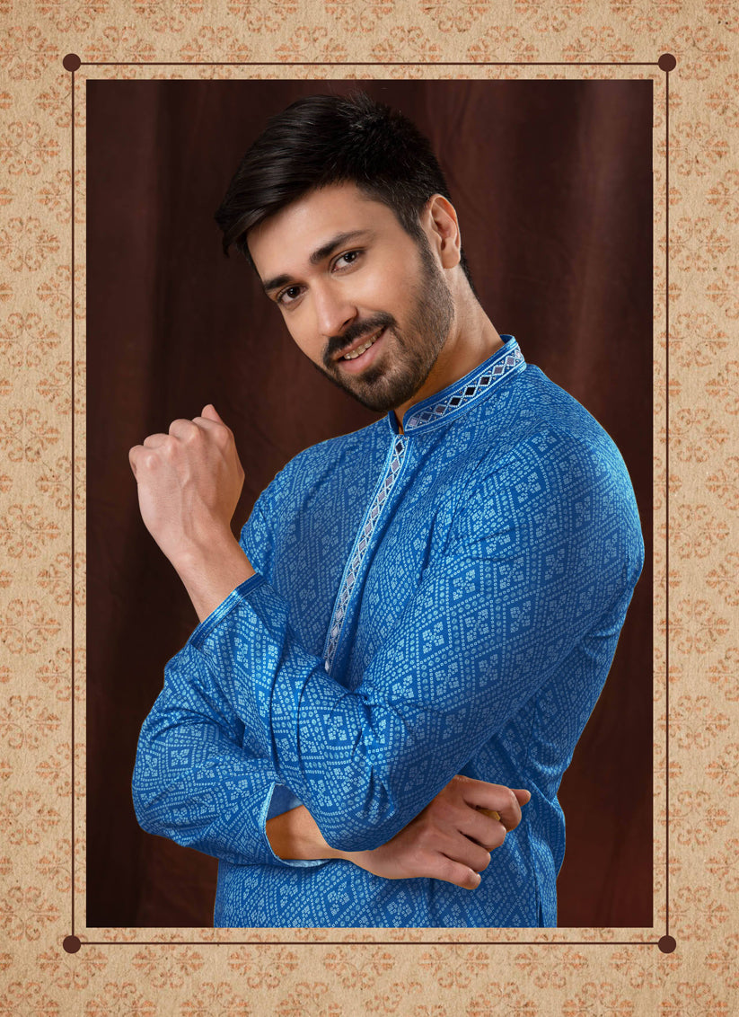 Royal Blue Polyester Embellished Mens Kurta Pyjama Set