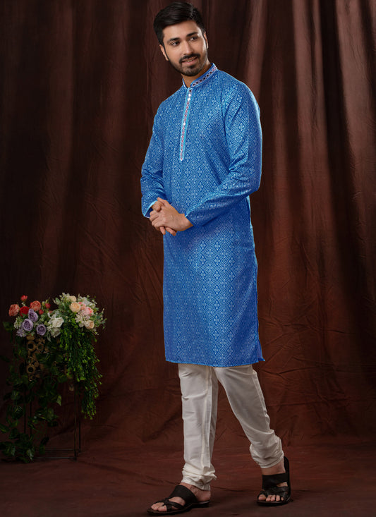 Royal Blue Polyester Embellished Mens Kurta Pyjama Set