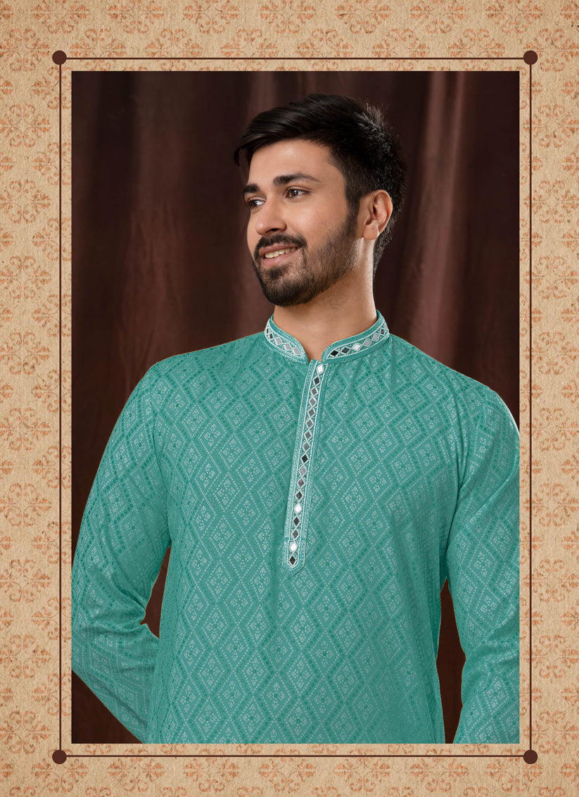 Sea Green Polyester Embellished Mens Kurta Pyjama Set