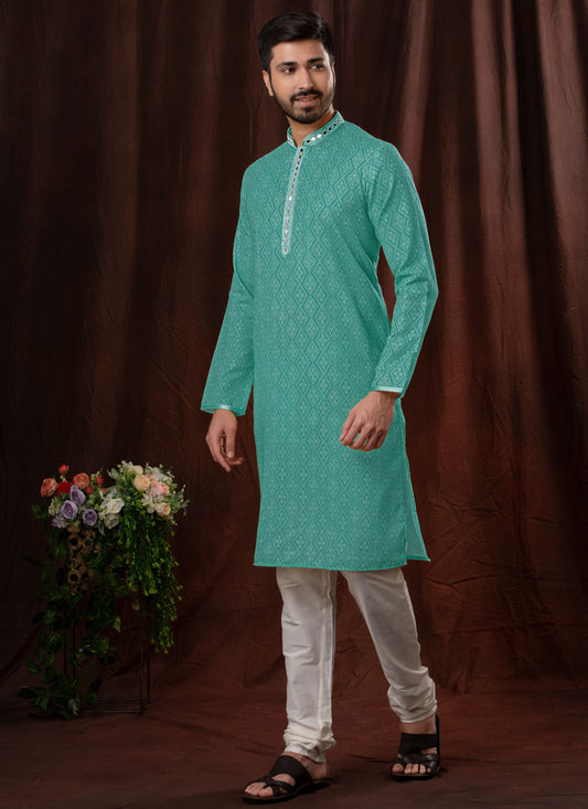 Sea Green Polyester Embellished Mens Kurta Pyjama Set