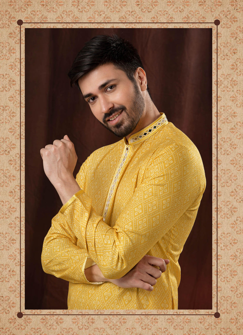 Maize Yellow Polyester Embellished Mens Kurta Pyjama Set