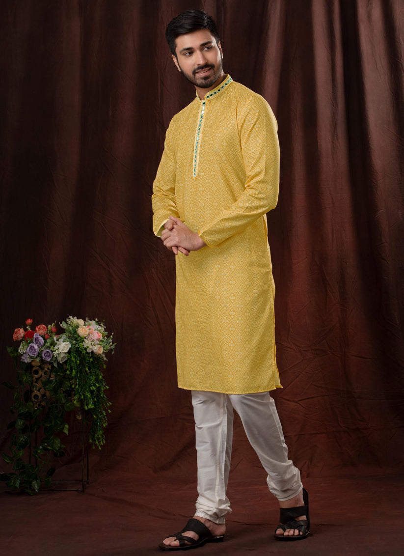 Maize Yellow Polyester Embellished Mens Kurta Pyjama Set