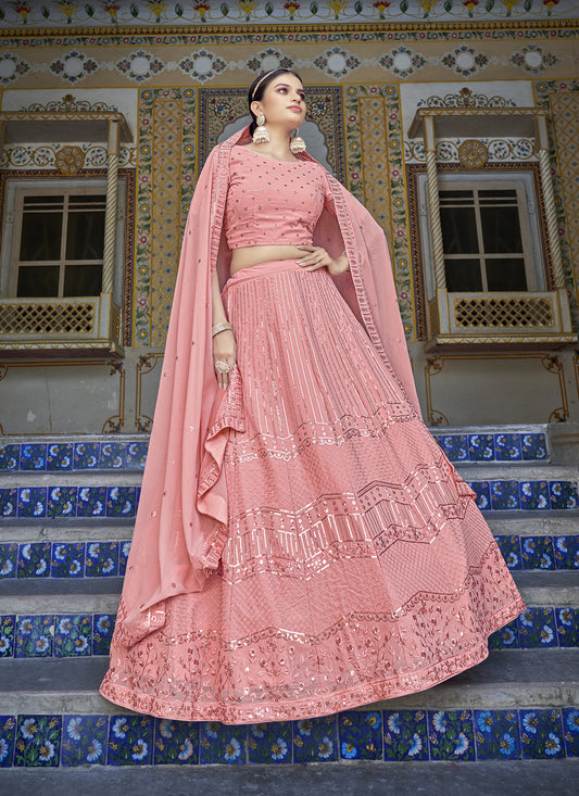 Salmon Pink Georgette Sequins Designer Lehenga Choli