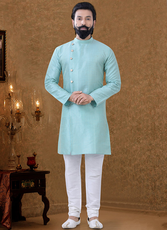 Sea Green Silk Printed Mens Kurta Pyjama Set