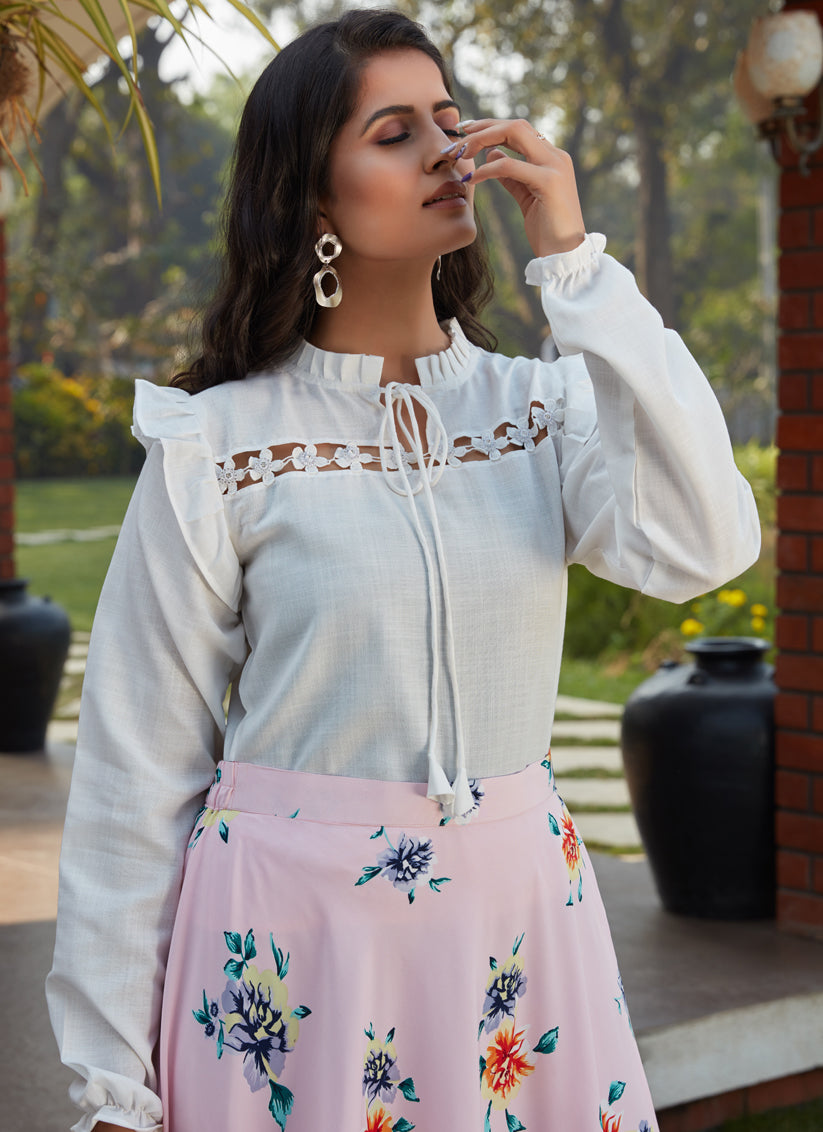 White Cotton Printed Top with Skirt